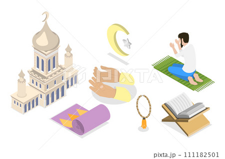 3D Isometric Flat  Set of Muslim Islam Items and People 111182501