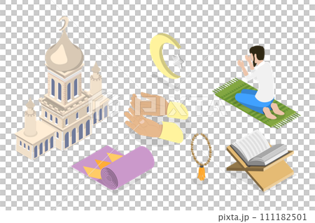 3D Isometric Flat  Set of Muslim Islam Items and People 111182501