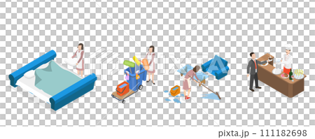 3D Isometric Flat  Set of Hotel Services, Room Cleaning and Food Service 111182698