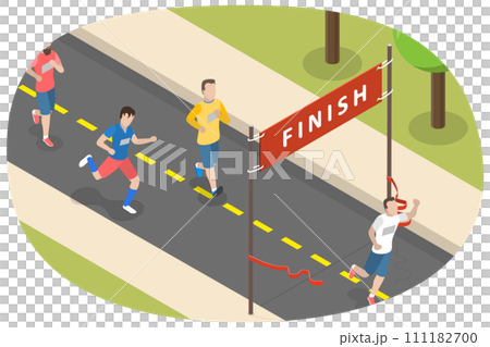3D Isometric Flat  Conceptual Illustration of Marathon Winner, Crossing the Finish Line 111182700
