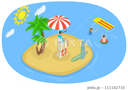 3D Isometric Flat  Conceptual Illustration of Beach Lifeguard, Professional Rescuer is Doing is Doing his Job 111182710