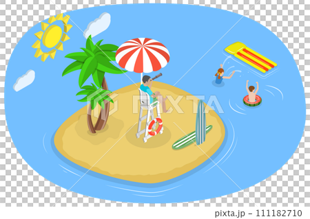 3D Isometric Flat  Conceptual Illustration of Beach Lifeguard, Professional Rescuer is Doing is Doing his Job 111182710