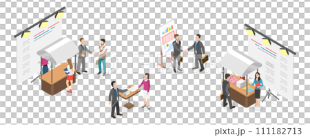 3D Isometric Flat  Conceptual Illustration of Trade Show, Business Expo Presentation 111182713