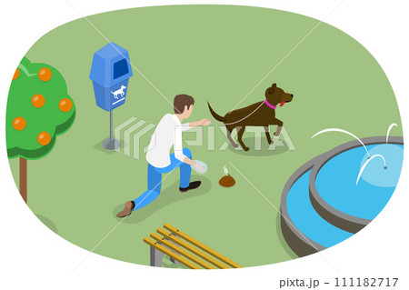 3D Isometric Flat  Conceptual Illustration of Clean Up After Your Dog, Pet Owner Picking up His Dogs Poo 111182717