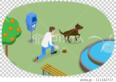 3D Isometric Flat  Conceptual Illustration of Clean Up After Your Dog, Pet Owner Picking up His Dogs Poo 111182717