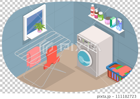 3D Isometric Flat Conceptual Illustration of Laundry Room Interior, Household scene with Washing Machine and other Laundry Stuff 3D Isometric Flat Conceptual Illustration of Laundry Room Interior, Household scene with Washing Machine and other Laundry Stuff 111182723