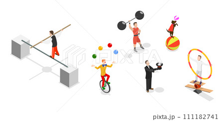 3D Isometric Flat  Set of Circus Characters, Clown, Strongman, Acrobats, Trained Animals, Hooper, Juggling Unicyclist 111182741