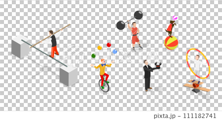 3D Isometric Flat  Set of Circus Characters, Clown, Strongman, Acrobats, Trained Animals, Hooper, Juggling Unicyclist 111182741