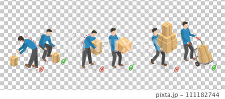 3D Isometric Flat  Conceptual Illustration of How To Carry Heavy Goods, Safe and Incorrect Weights Lifting 111182744