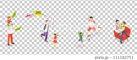 3D Isometric Flat  Conceptual Illustration of Father And Child, Dad and Kid Having a Leisure Time 111182751