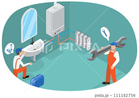 3D Isometric Flat  Conceptual Illustration of Professional Plumber, Repair of Heating System, Boiler, Heating Batteries 111182756