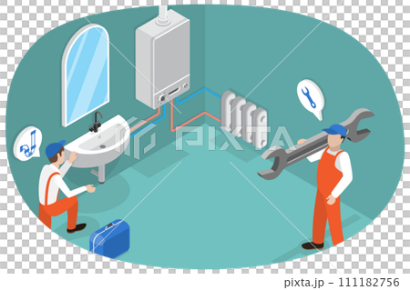 3D Isometric Flat  Conceptual Illustration of Professional Plumber, Repair of Heating System, Boiler, Heating Batteries 111182756