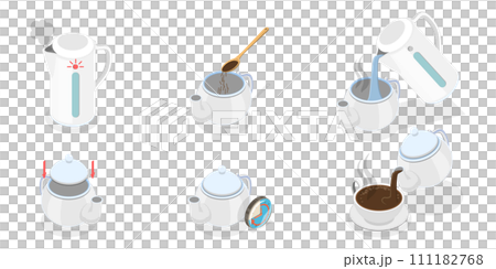 3D Isometric Flat  Conceptual Illustration of Brewing Leaf Tea, Guidelines How to Make Hot Drink 111182768