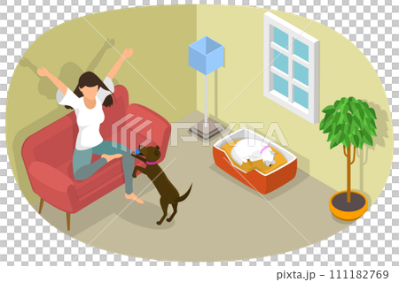 3D Isometric Flat  Conceptual Illustration of Pet at Home, People and Domestic Animals 111182769
