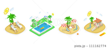3D Isometric Flat  Set of Summer Beach Set, Tropical Islands and Swimming Pool 111182774