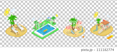3D Isometric Flat  Set of Summer Beach Set, Tropical Islands and Swimming Pool 111182774