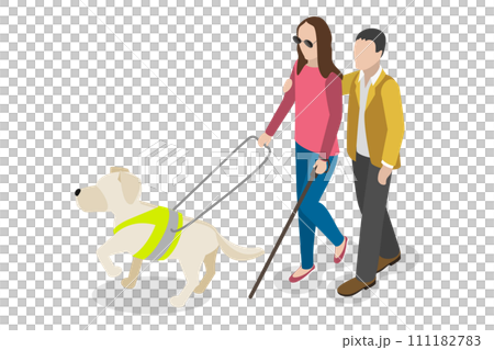 3D Isometric Flat  Conceptual Illustration of Guide Dog, Blind Woman with a Animal Escort 111182783
