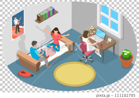 3D Isometric Flat  Conceptual Illustration of Student Dormitory, University or College Dorm Room Interior 111182785