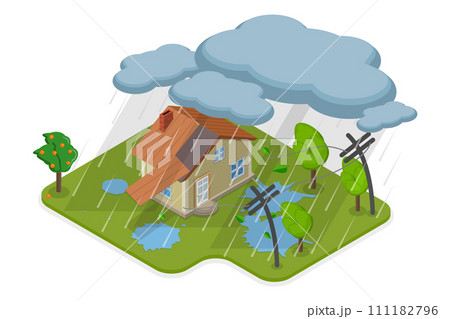 3D Isometric Flat  Conceptual Illustration of Thunderstorm and Natural Disaster, Building Damage 111182796