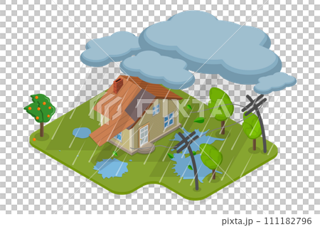 3D Isometric Flat  Conceptual Illustration of Thunderstorm and Natural Disaster, Building Damage 111182796