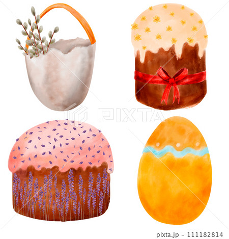 Set of hand drawn watercolor illustrations of spring Easter. Easter cakes with icing, flowers 111182814