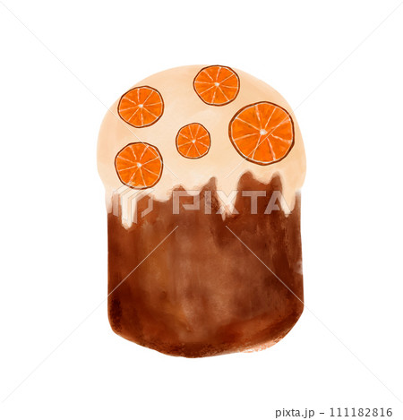 Easter cake, hand-painted in watercolor, decorated with orange slices. Easter decoration, spring holiday, cake with icing Easter cake, hand-painted in watercolor, decorated with orange slices. Easter decoration, spring holiday, cake with icing 111182816