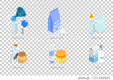 3D Isometric Flat  Set of Baby Food Items, Feeding Supplies 111182825