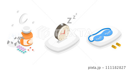 3D Isometric Flat Conceptual Illustration of Better Sleep Tips, Bedtime Aid Items 3D Isometric Flat Conceptual Illustration of Better Sleep Tips, Bedtime Aid Items 111182827