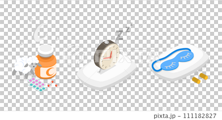 3D Isometric Flat Conceptual Illustration of Better Sleep Tips, Bedtime Aid Items 3D Isometric Flat Conceptual Illustration of Better Sleep Tips, Bedtime Aid Items 111182827
