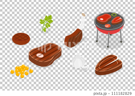 3D Isometric Flat  Set of Beef Steaks, BBQ and Grilled Meat 3D Isometric Flat  Set of Beef Steaks, BBQ and Grilled Meat 111182829