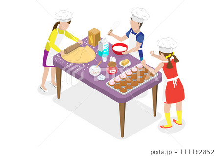 3D Isometric Flat  Conceptual Illustration of Kids Baking Cakes , Cooking Classes for Children 111182852