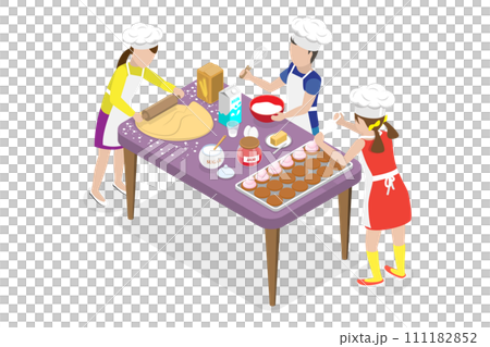 3D Isometric Flat  Conceptual Illustration of Kids Baking Cakes , Cooking Classes for Children 111182852