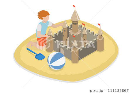3D Isometric Flat  Conceptual Illustration of Kid Building a Sand Castle, Summer Vacation Entertainment 111182867