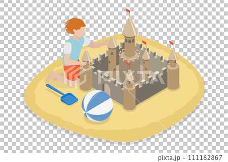 3D Isometric Flat  Conceptual Illustration of Kid Building a Sand Castle, Summer Vacation Entertainment 111182867