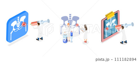 3D Isometric Flat  Conceptual Illustration of Hip Joint Cortisone Injection, Bones of the Pelvis and Hip, Human Anatomy 111182894