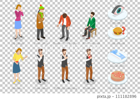 3D Isometric Flat Set of Coronavirus, Flu, Respiratory Virus Symptoms, Medical Infographics 3D Isometric Flat Set of Coronavirus, Flu, Respiratory Virus Symptoms, Medical Infographics 111182896