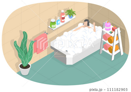 3D Isometric Flat  Conceptual Illustration of Taking a Bath, Hygiene and Beauty 111182903