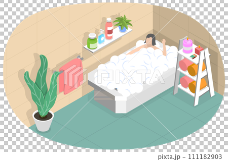 3D Isometric Flat  Conceptual Illustration of Taking a Bath, Hygiene and Beauty 111182903