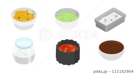 3D Isometric Flat Set of Bowls with Sauces, Spicy Seasonings 3D Isometric Flat Set of Bowls with Sauces, Spicy Seasonings 111182904