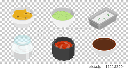 3D Isometric Flat Set of Bowls with Sauces, Spicy Seasonings 3D Isometric Flat Set of Bowls with Sauces, Spicy Seasonings 111182904