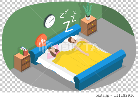 3D Isometric Flat  Conceptual Illustration of Snoring, Husband Snores Loudly Next to Angry Frustrated Wife 111182916