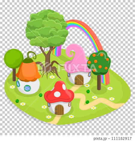 3D Isometric Flat  Conceptual Illustration of Fairytale Forest, Fantasy Houses 111182917
