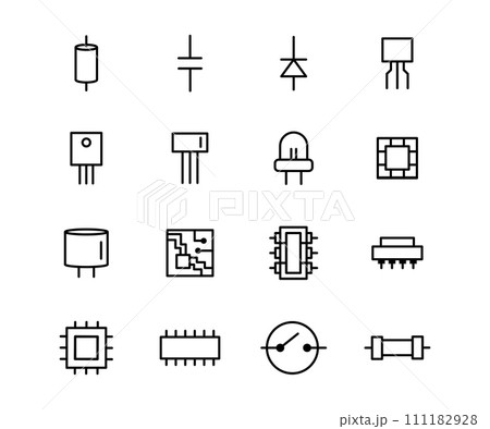 Vector black line icon set electronic component. Computer digital datum hardware chip and electricity pictogram. Power element tech device and collection microchip industry Vector black line icon set electronic component. Computer digital datum hardware chip and electricity pictogram. Power element tech device and collection microchip industry 111182928