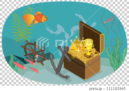 3D Isometric Flat  Conceptual Illustration of Underwater Treasure Chest, Mystery Box 111182945