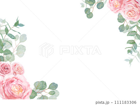 Eucalyptus and pink roses branch watercolor hand drawn floral frame, edge, border. Botanical painting of greenery leaves, pink flowers. Element of wedding invitation, print, greeting, textile, packing 111183306