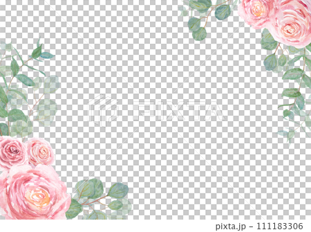 Eucalyptus and pink roses branch watercolor hand drawn floral frame, edge, border. Botanical painting of greenery leaves, pink flowers. Element of wedding invitation, print, greeting, textile, packing 111183306