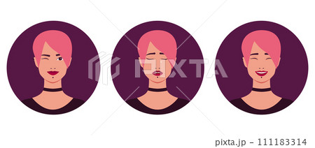 Set of portraits of a beautiful informal young woman with pink hair and piercing. Smiling and winking, crying and laughing girl. Vector illustration Set of portraits of a beautiful informal young woman with pink hair and piercing. Smiling and winking, crying and laughing girl. Vector illustration 111183314