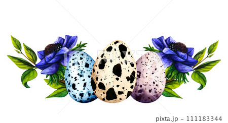Happy Easter watercolor vector cards with cute Easter eggs, spring flowers violet anemone in pastel colors. Isolated Easter watercolor illustration decor elements 111183344