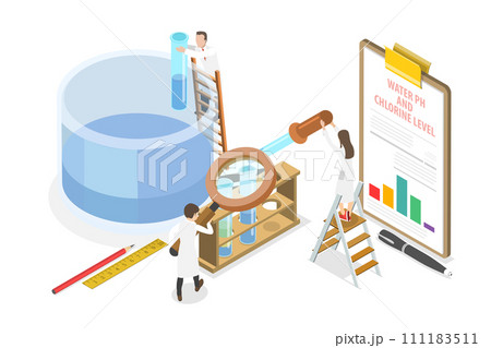 3D Isometric Flat  Conceptual Illustration of Testing Water PH And Chlorine Level, Pool Maintenance Service 111183511