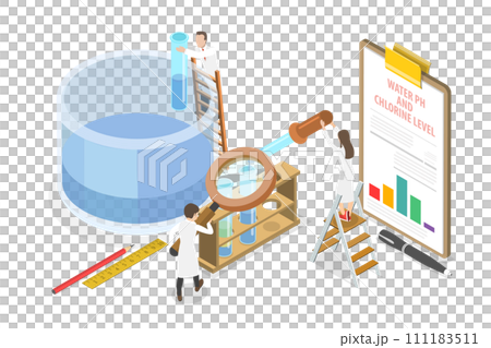3D Isometric Flat  Conceptual Illustration of Testing Water PH And Chlorine Level, Pool Maintenance Service 111183511